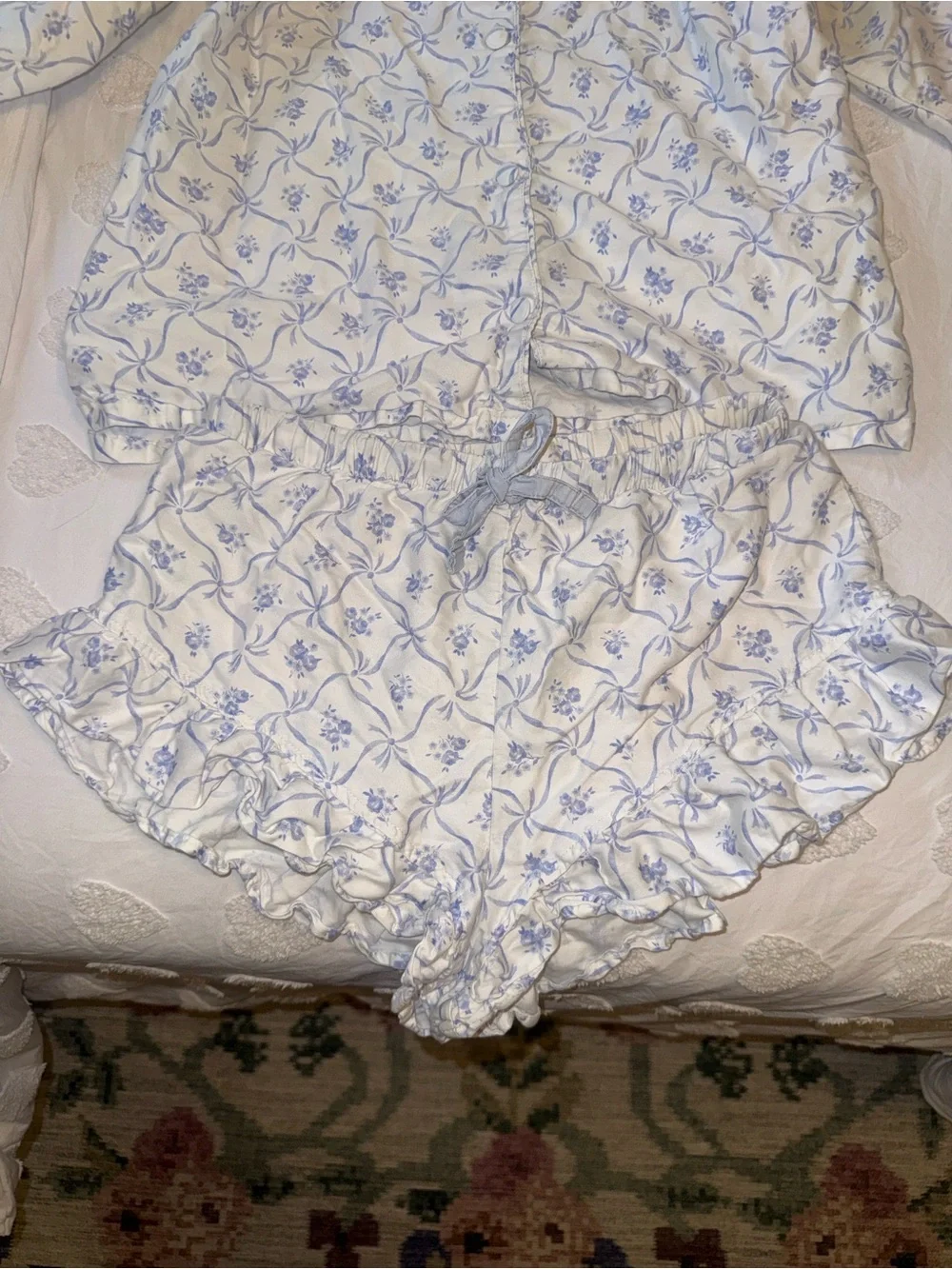 LoveShackFancy White and Light Blue Floral Two-Piece Pajama Set - Picture 3 of 7